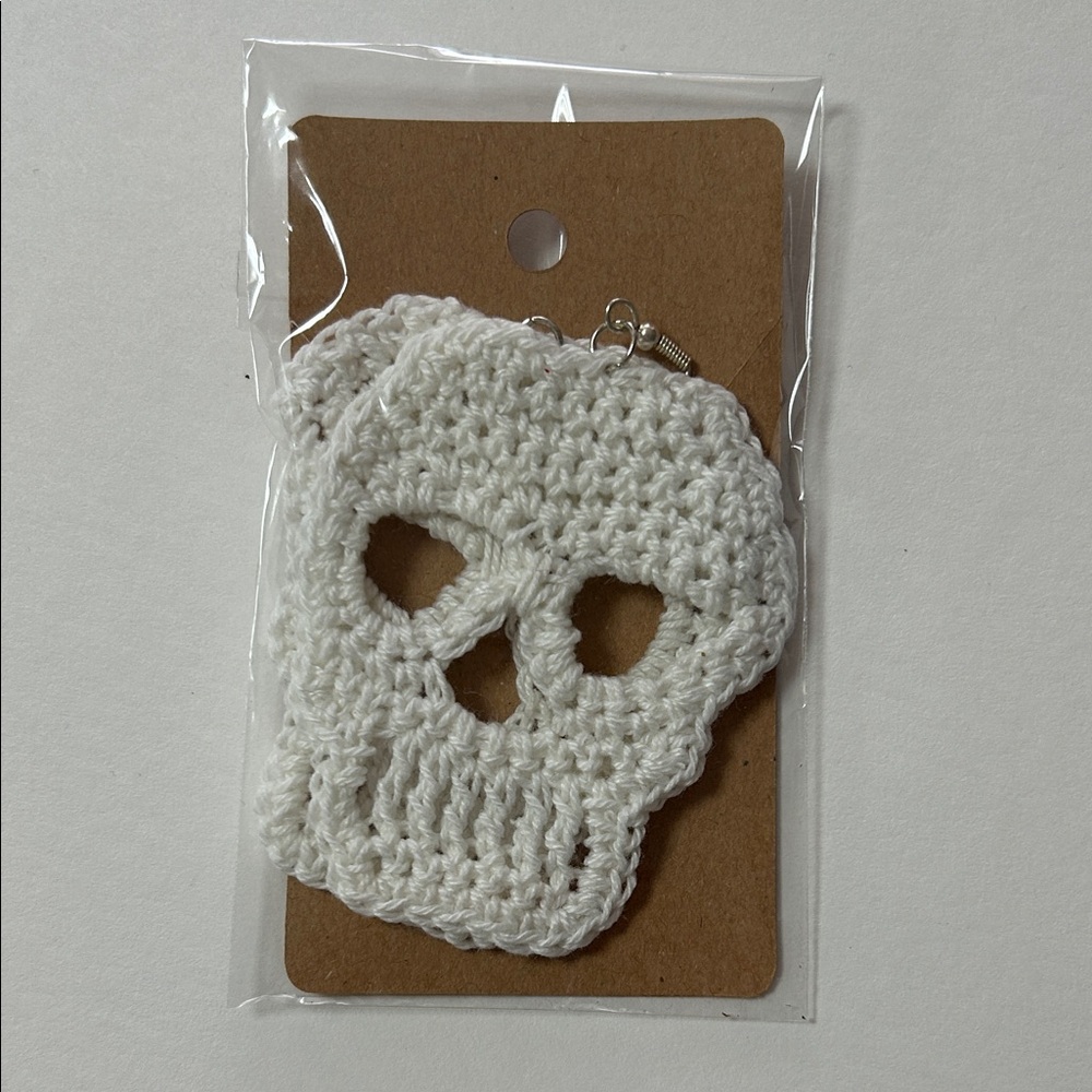 Handmade White Crochet Skull Drop Earrings